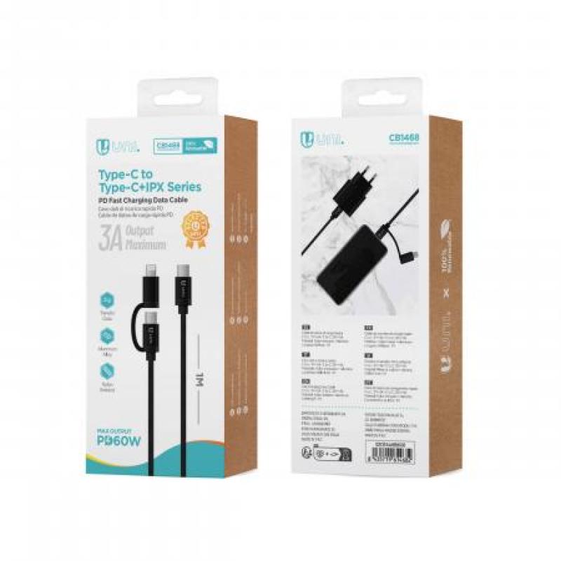 Cable de carga rápida trenzado de nailon 3A PD60W C-C+L 1M OD3.5mm negro
