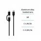 Cable de carga rápida trenzado de nailon 3A PD60W C-C+L 1M OD3.5mm negro