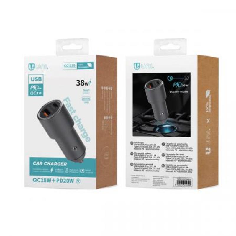 Cargador de Coche 2USB, PD 3.0 20W A+C Aluminio Tipo Pistola Gris CE