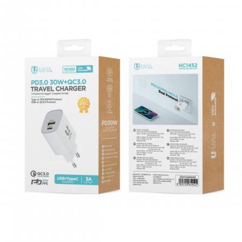 Cargador de viaje PD30W USB-A+enchufe tipo C, blanco CE