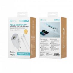 Cargador de viaje PD30W USB-A+Enchufe tipo C,Blanco+Cable(C-C) CE