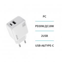 Cargador dual USB y Tipo-C PD30W QC18W GaN TUV GS carga rapida – BLANCO