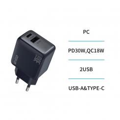 Cargador dual USB y Tipo-C PD30W QC18W GaN TUV GS carga rapida – Azul