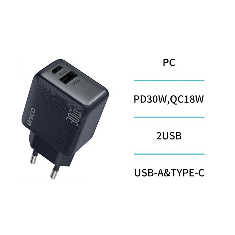 Cargador dual USB y Tipo-C PD30W QC18W GaN TUV GS carga rapida – Azul