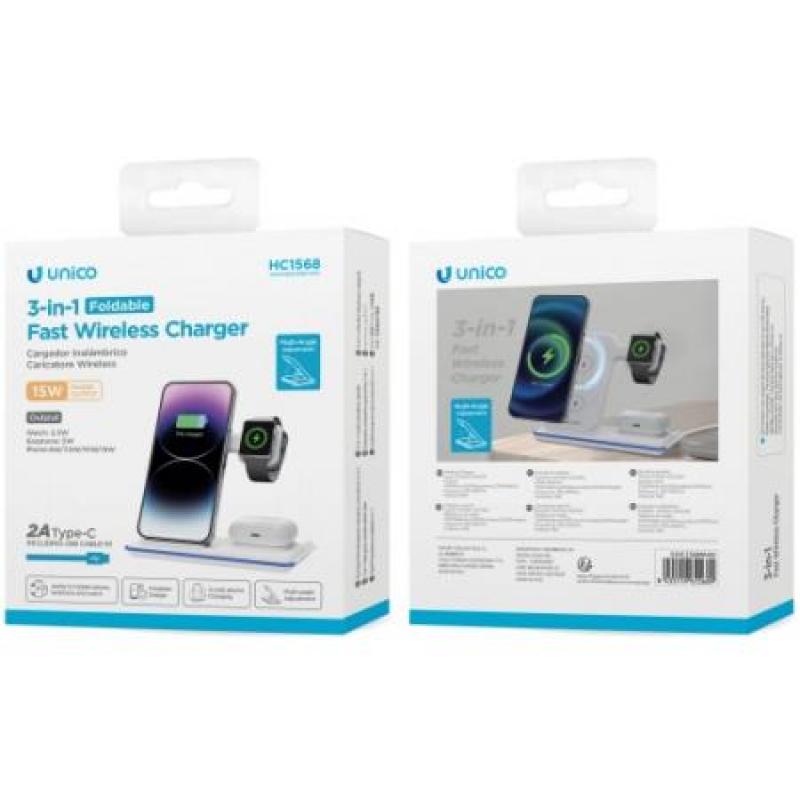 Cargador inalámbrico plegable 3 en 1 de 15 W en color blanco (incluye cable TIPO C de 1 m y 2 A)