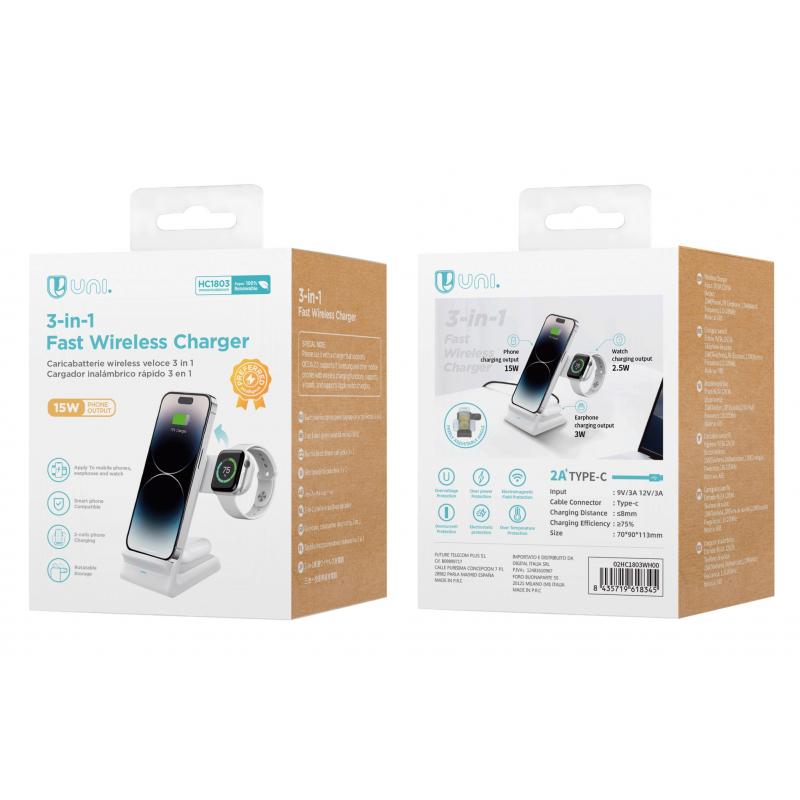 Cargador inalámbrico vertical 3 en 1 de 15W (incluido cableado 1M, 2A TYPE-C) CE Negro