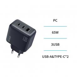 Cargador triple USB y 2 Tipo-C PD65W GaN GS TUV carga rapida – Azul