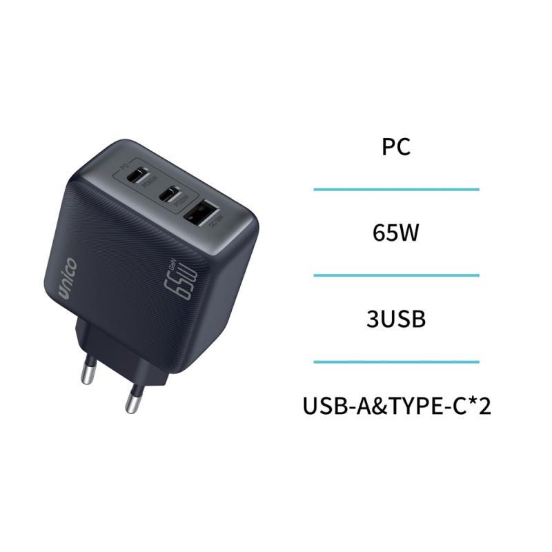 Cargador triple USB y 2 Tipo-C PD65W GaN GS TUV carga rapida – Azul