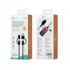 PD60W Cable de funda de carga r·pida AleaciÛn de aluminio trenzado USB A+Tipo-C a Tipo-C+Lightning 1M 3A OD3.5 Negro