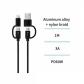 PD60W Cable de funda de carga rápida Aleación de aluminio trenzado USB A+Tipo-C a Tipo-C+Lightning 1M 3A OD3.5 Negro